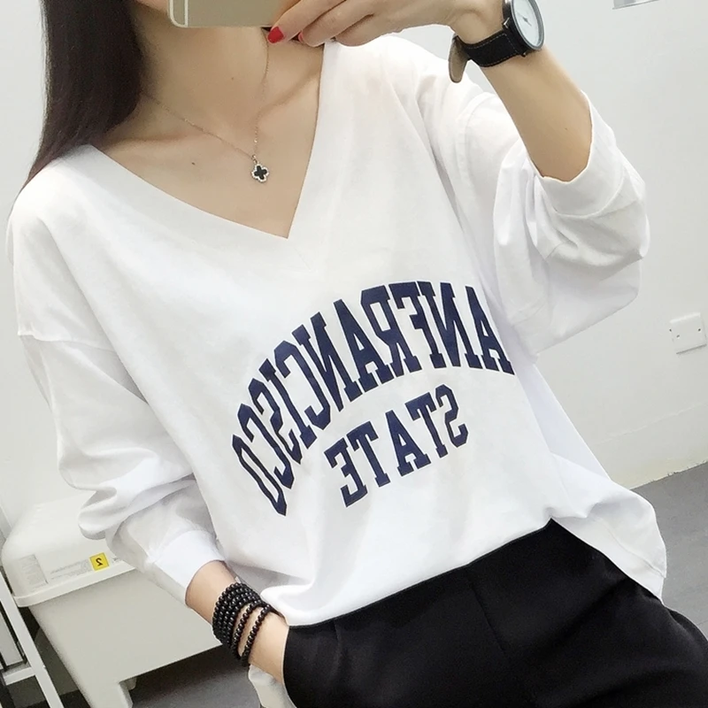 

Autumn Clothing Korean Style Large GIRL'S V-neck Lettered Printed Long Sleeve T-shirt Female 200 Jin Plus-sized Women's Clothing