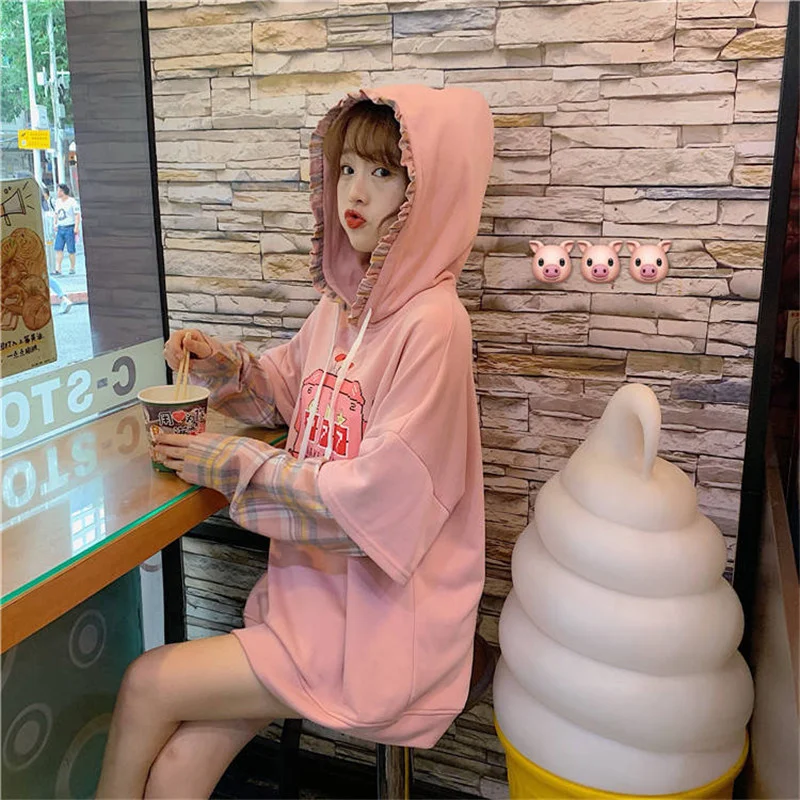 

Cute Sweatshirt Autumn Gothic Hooded Hoodie Streetwear Women Oversized Witch Hoodies Casual Pink Winter Patchwork Sweatshirt