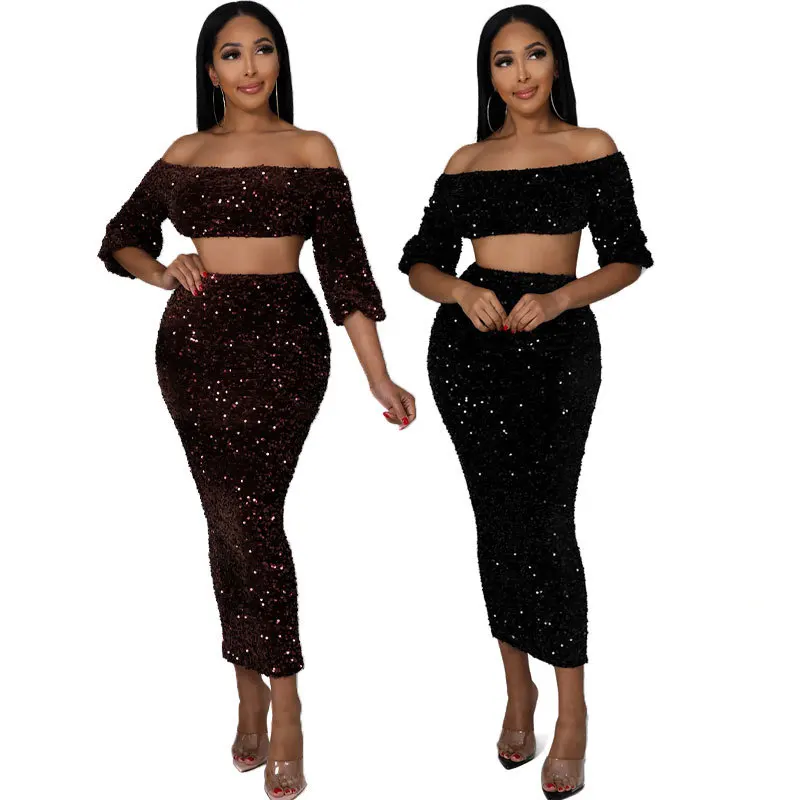 

Women Two Piece Set Sexy Sequined Long Sleeve Tube Top & Bodycon Midi Skirt Set