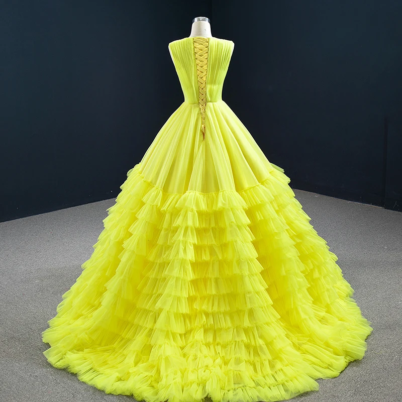 RSM67158 Yellow Sexy Transparent Tulle Frill Layer Column Dinner Party Dress 2021 Back Lace-up Design Evening Gown