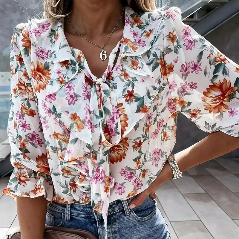 

2021 Summer Chiffon Printed Women's Blouse Ruffles Long Sleeve Lace Up Female Blouses New Casual Fashion Streetwear Lady Top