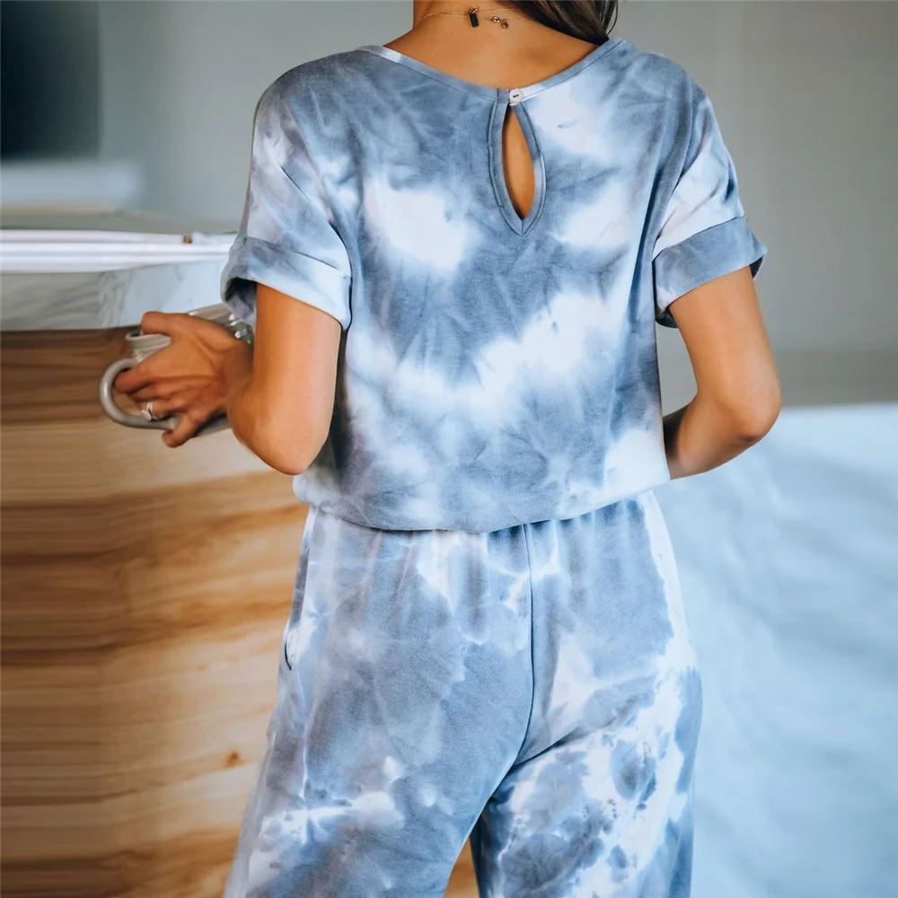 

Women's Tie-dye Dazzling Print Rompers at home Casual Clothes casual Short Sleeved Long Pants O-neck Jumpsuits Fashion Clothes