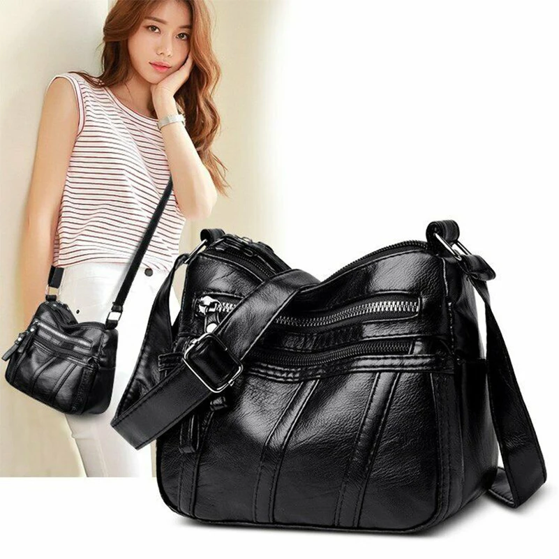 Женская маленькая черная сумка из мягкой искусственной кожи с несколькими