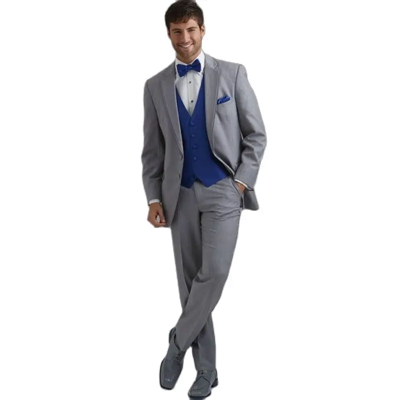 3 Piece Light Grey Men's Evening Dress Prom Toast Business Suit Slim Fits Groom Tuxedos Customize (Jacket+Pants+Vest+Tie) K:150