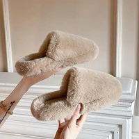 2022 fashion fluffy fur shoe winter women slippers closed toe plush slippers solid color warm house slides indoor floor shoes