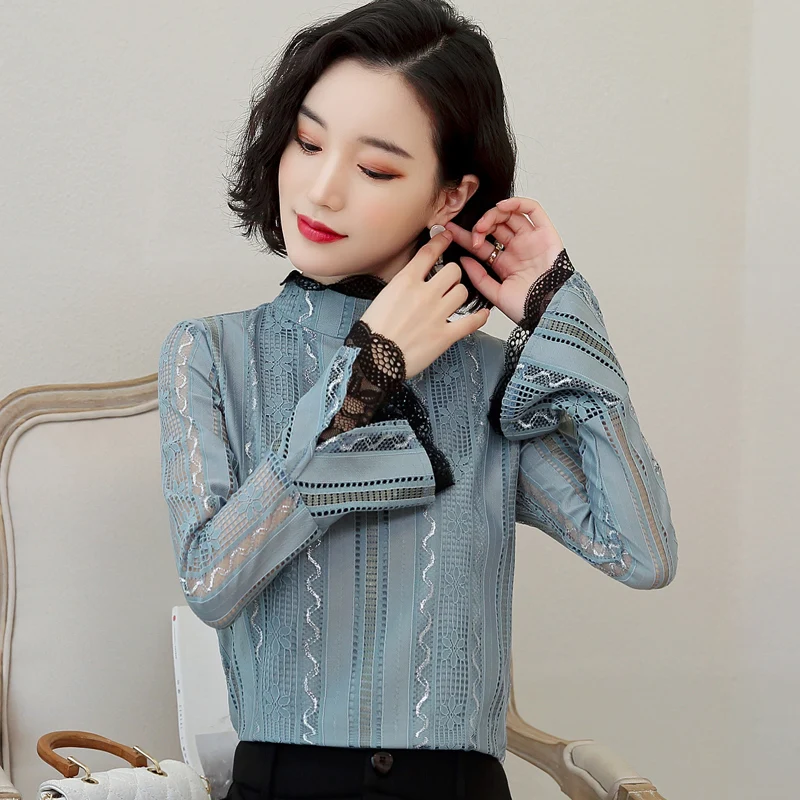 Женские рубашки Однотонные блузки женские кружевные с длинным рукавом blusas mujer de