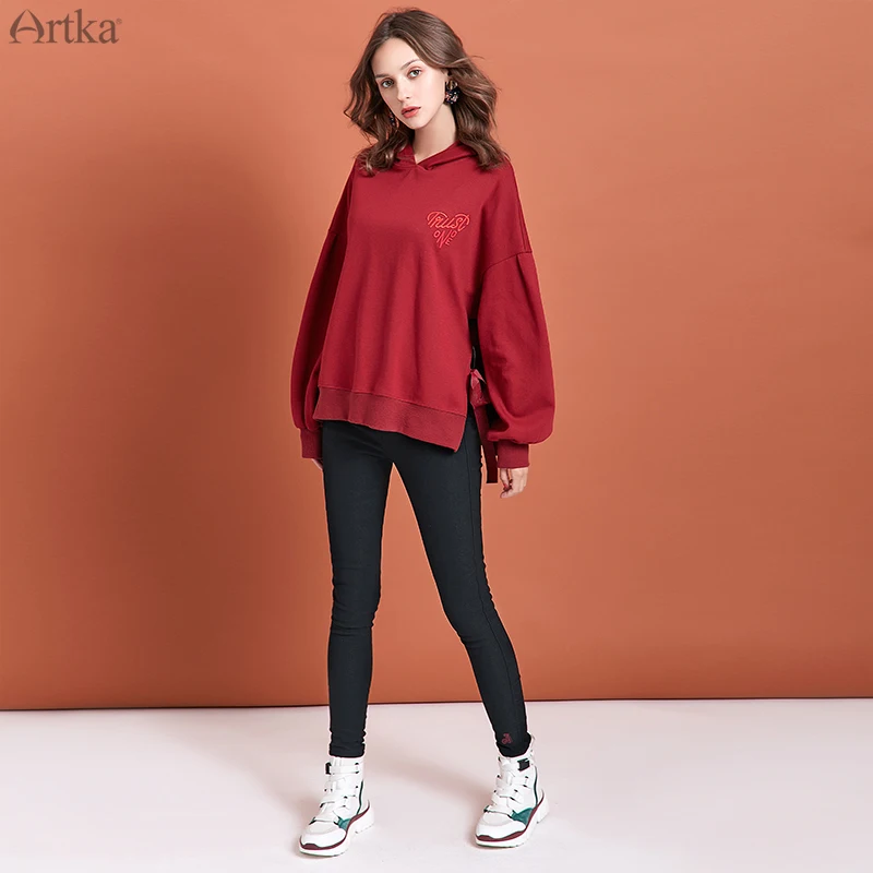 ARTKA/Новинка года; осенние женские толстовки с капюшоном с вышитыми буквами; модные толстовки на шнуровке; Повседневный пуловер с капюшоном свитер VA10791Q