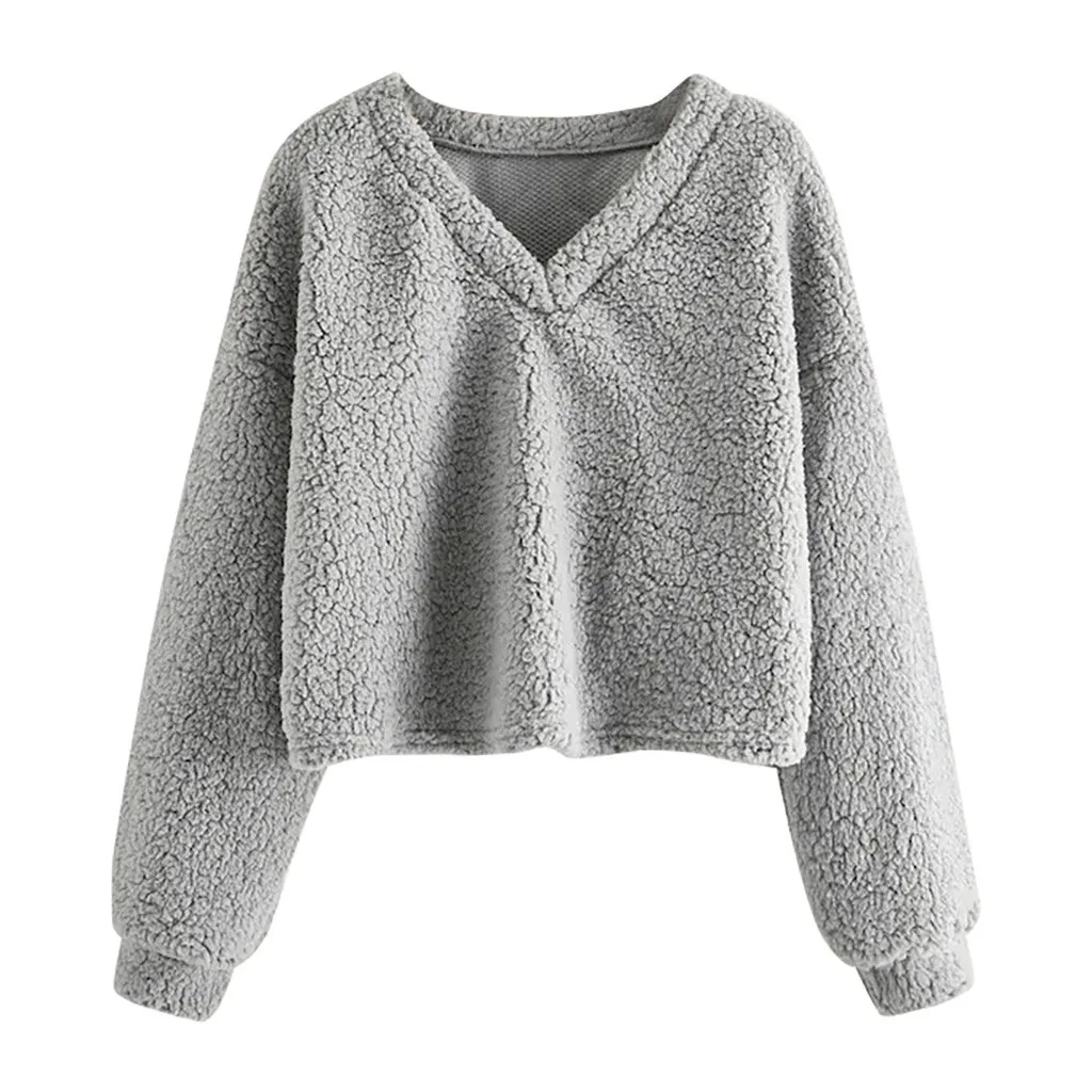 Gray Kawaii moletom feminino sudadera mujer Модный свитшот Женский Повседневный свободный длинный рукав однотонный свитшот с v-образным вырезом - Цвет: Gray