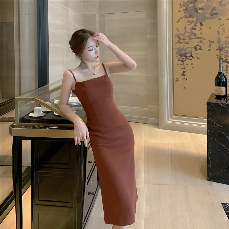 

Spaghetti Strap Dress Women Backless Sexy High Waist Split Rust Red Dress Party Dress Spring Summer 2021 Gowns