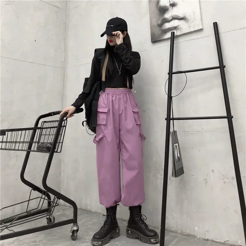 

Korean Fashion Wide Leg Pant Women Fashion Summer 2021 Streetwear High Waist Cargo Pants Black Loose Casual Trousers