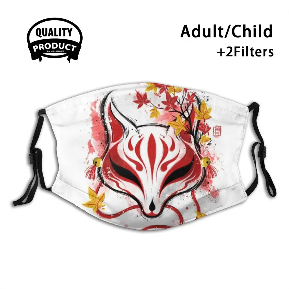 

Многоразовая маска для лица Kitsune для осени, моющаяся маска для лица с фильтром против пыли, японские маски Kitsune Demon Fox, эскиз Sumi E, осенние листь...