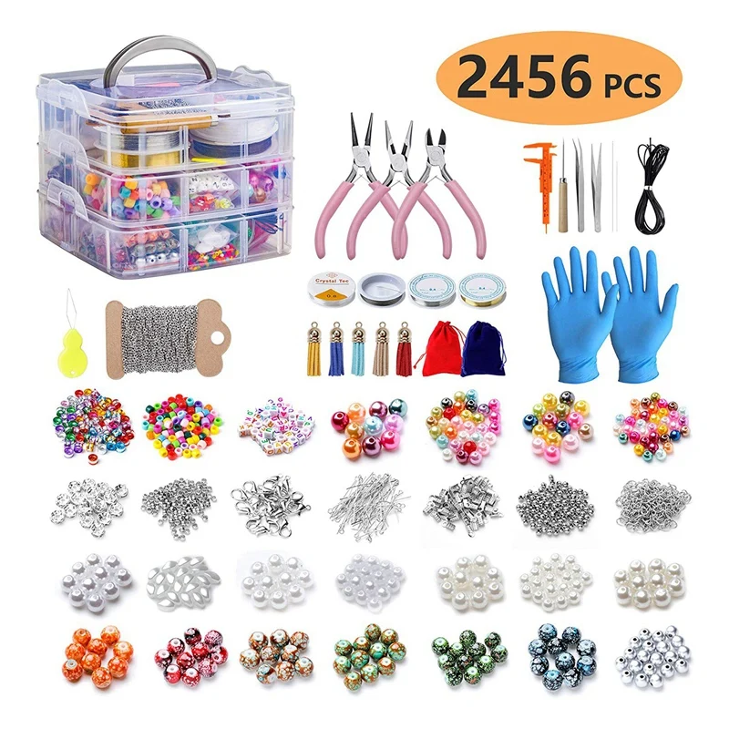 

2456 Pcs Jewelry Making Kit Tools Pliers Storage Box Necklace Earrings Bracelet Repair DIY Earplugs Beaded Materials