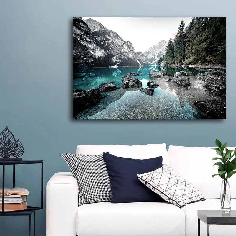 

Scandinavian Nature Landscape Poster Nordic Style Print Mountain Lake Boat Wall Art Picture Painting Modern Living Room Decor