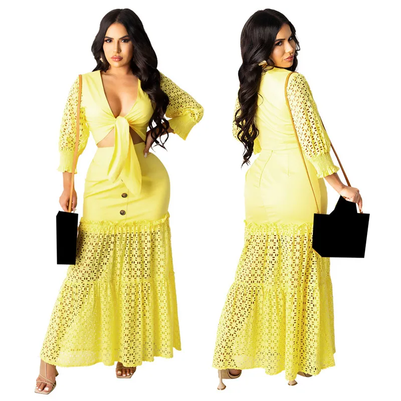 

WUHE Women Set Solid Full Puff Sleeve V-neck Crop Tops Stretchy Long Skirts Two 2 Piece Sets Elegant Vintage Summer Outfit