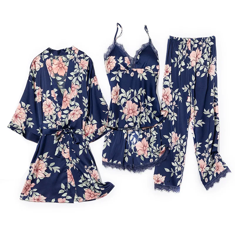 

Female Spring Summer Pyjamas Sleep Set 4PCS Pajamas Thin Satin Sleepwear Print Sexy Home Clothing Suit Sexy Casual Nightwear
