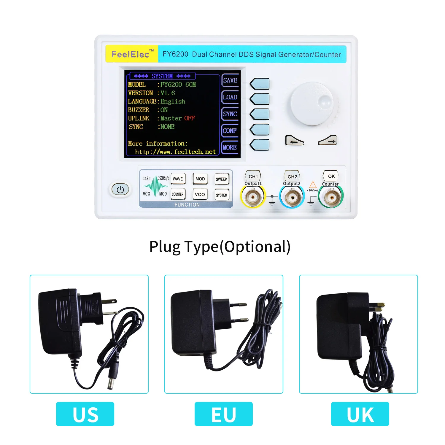 Высокоточный генератор сигналов FeelElec FY6200 20/30/60 МГц цифровой двухканальный DDS