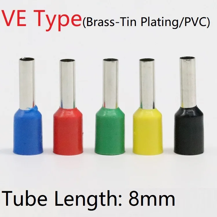 

20pcs VE Tubular Terminal Electrical Cable Connector Brass Pipe 8mm PVC Insulated Ferrules Red Yellow Blue Green Black