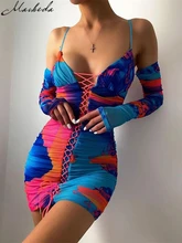 Macheda – robe à bretelles imprimée pour femmes, Sexy, Slim, sans manches, col en V, à lacets, MIni, moulante, soirée de rue, automne  (1)