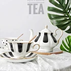 Керамические кофейные чайные чашки с блюдцами, черно-белые полосатыеточечные чашки и блюдца, чайный горшок с золотистыми полями для латте, чая