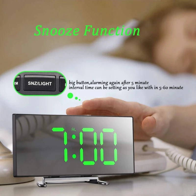 

NEW Digital Alarm Clock Curved Screen Clock Electronic Clock Large Screen LED Mirror Clock Silent Snooze Function Table Clock