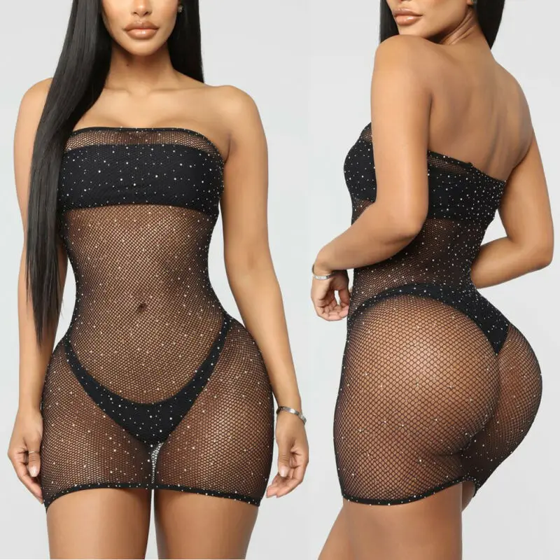 Sexy Women Lace Fishnet Glitter Sequins Shiny Mesh Sheer See-through Hollow Out Dress Bikini Cover Up Beach Mini Beachwear | Женская