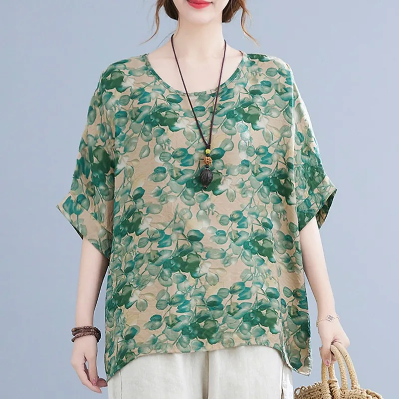 

Футболка женская хлопково-льняная с круглым вырезом, Повседневная Свободная Удобная рубашка с принтом, в винтажном стиле, B422, лето 2021