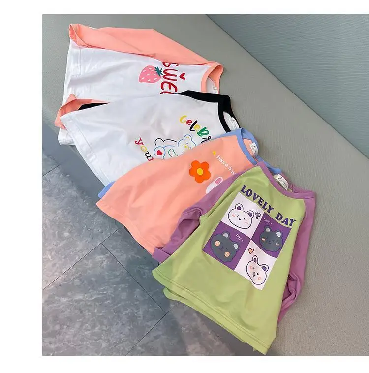 

Футболка хлопковая с длинным рукавом, для девочек, в иностранном стиле, для весны и осени, с мультяшным принтом, P5593