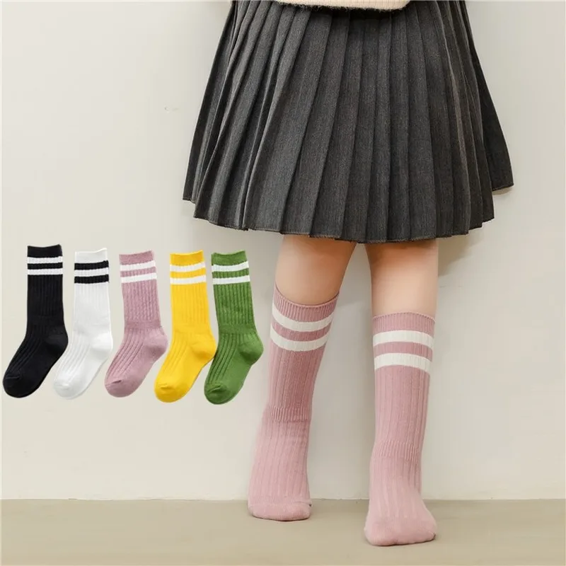 Calcetines hasta la rodilla de algod&oacute;n para ni&ntilde;os y ni&ntilde;as, medias largas de rayas, transpirables, color blanco y negro, para la escuela, de 1 a 9 a&ntilde;os-1
