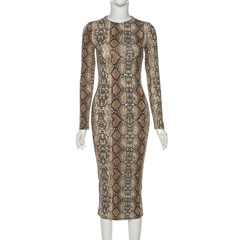 

Adogirl Leopard Snake Animal Print Long Dress O Neck Long Sleeve Bodycon Maxi Dress 2020 Fall Winter Club Party Pencil Dress