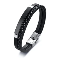 handmade double chains mens leather bracelet black color wrap wrist husbands boyfriend gifts