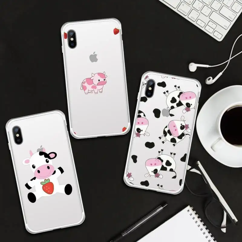 

Pink Cow Print Strawberry cute Phone Case Transparent for iPhone 6 7 8 11 12 s mini pro X XS XR MAX Plus cover funda shell
