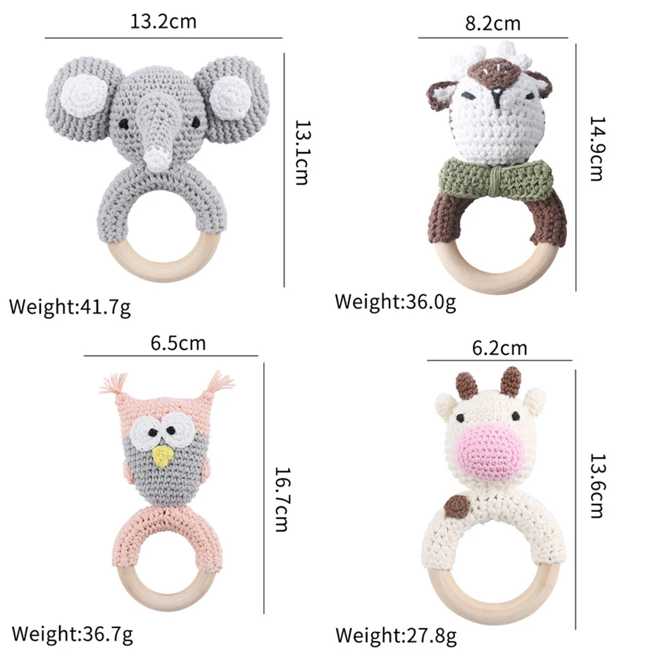 1Pc Baby Rattle Crochet Animal Baby Teether Wooden Ring Handmade Toy BPA Free Wood Teething Bracelet Nurse Gift Baby Product Toy