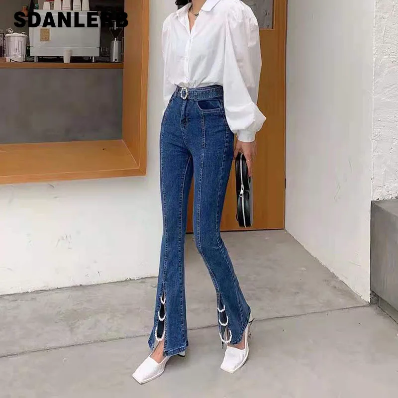 

2021 Autumn New Heavy Industry Beads High Waist Denim Pants Slimming Slit Stretch Slightly Flared Jeans Trousers for Women