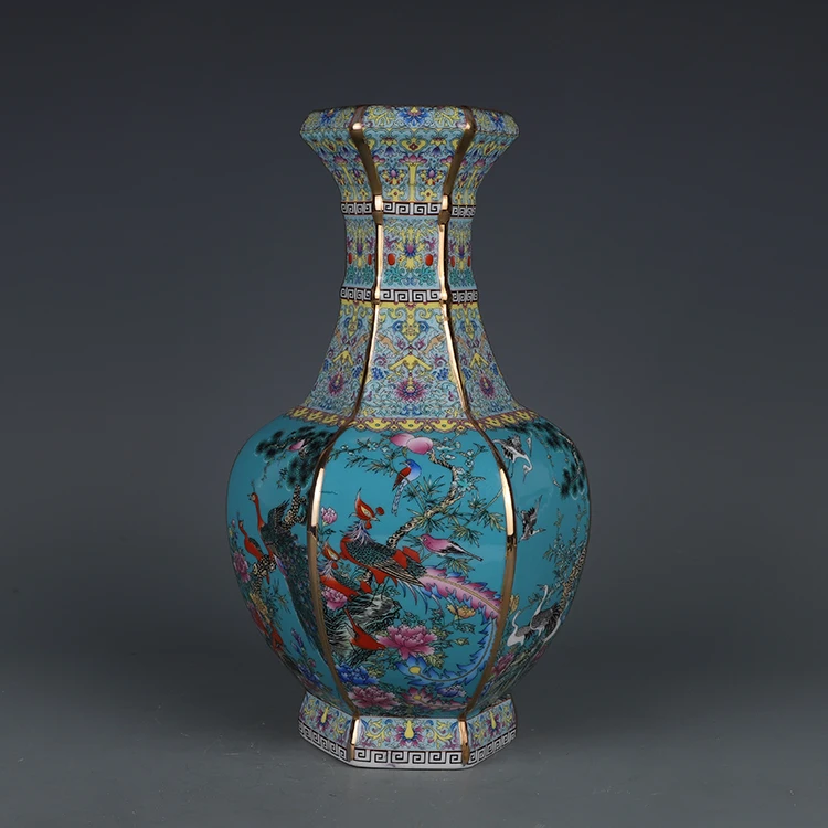 

Qianlong эмалевая шестиугольная ваза с цветочным и птичьим узором Jingdezhen Античная керамическая синяя ваза