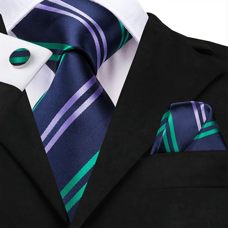 Фото Галстук Hi-Tie для мужчин синий галстук в полоску Зеленый Официальный из саржи