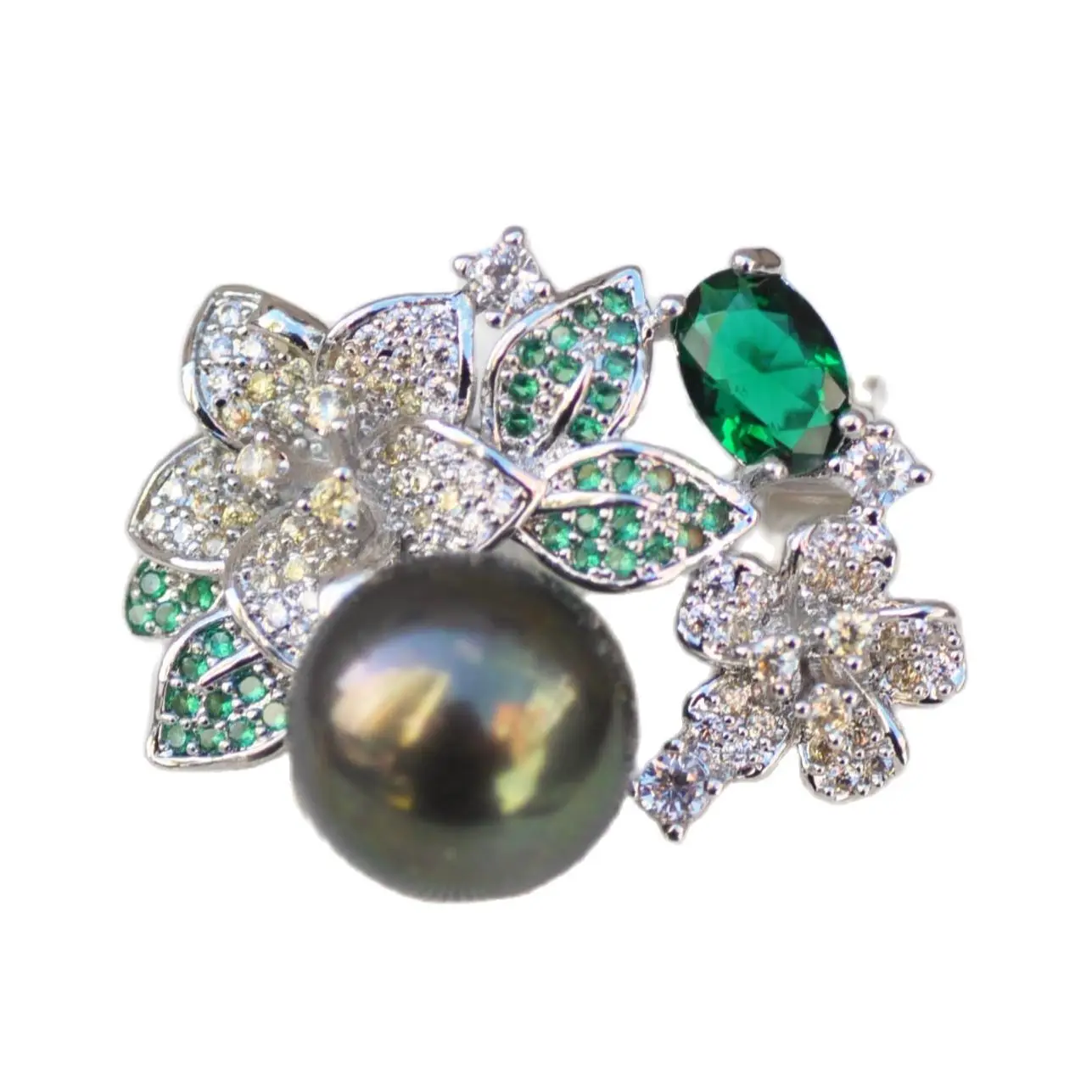 

Z11595 28mm Real Black Round Pearl Plate-Silver Multicolor CZ Brooch
