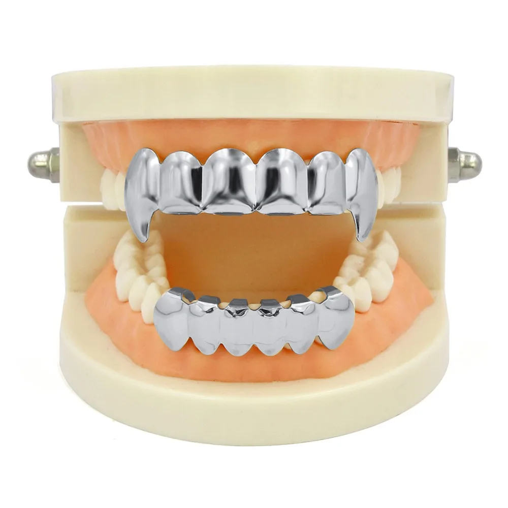 GUCY пользовательский подходят золото посеребренные хип-хоп ЗУБЫ Grillz верхней и нижней вампира зубы-клыки грили Шапки Набор с силиконовым