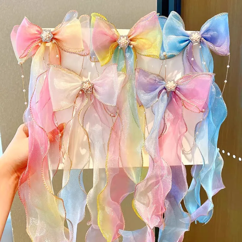 

1PC New Girls Chiffon Bows Ribbon Hair Clips Pearls Star Hairpins Children Sweet Headband Fashion Hair Accessories Kid Barrettes