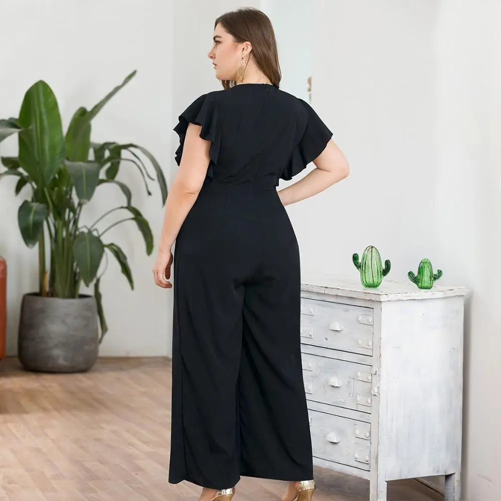 WHZHM с оборками v-образным вырезом черные комбинезоны женские свободные брюки
