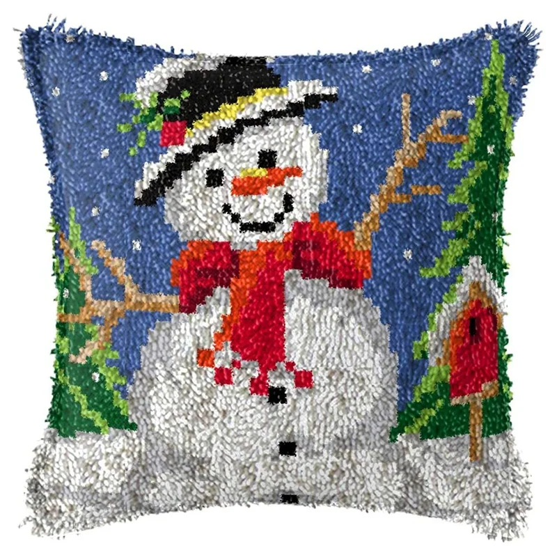 

Latch Hook Pillow Kit DIY Throw Pillow Cover Printed Canvas Snowman Pattern Sewing Kit for Kids & Adults Christmas Decor