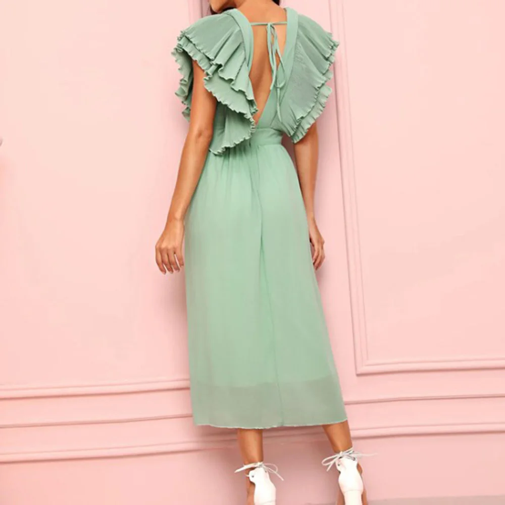 

Blue Deep V Neck Evening Dress Elegant Ruffles Pleated Mid-Calf Midi Robe Femme Summer Autumn Pink Formal Party Maxi Vestidos