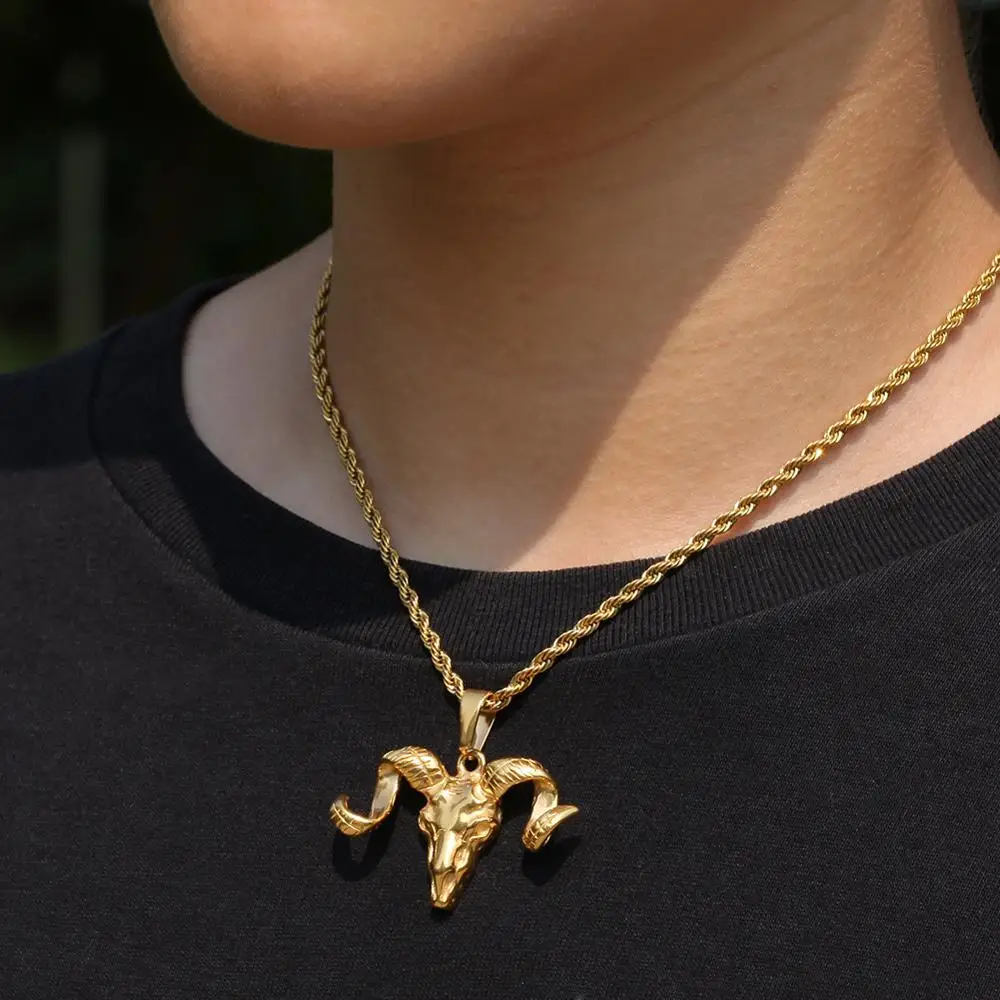 Винтажное ожерелье в стиле хип-хоп с подвеской виде головы овцы позолоченное