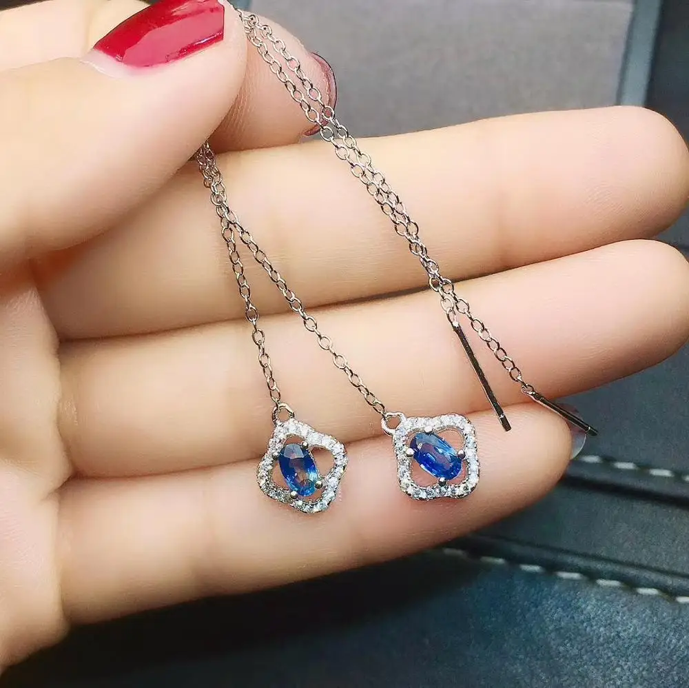 Натуральный серьги с голубым сапфиром 925 пробы Серебряное колье подвеской