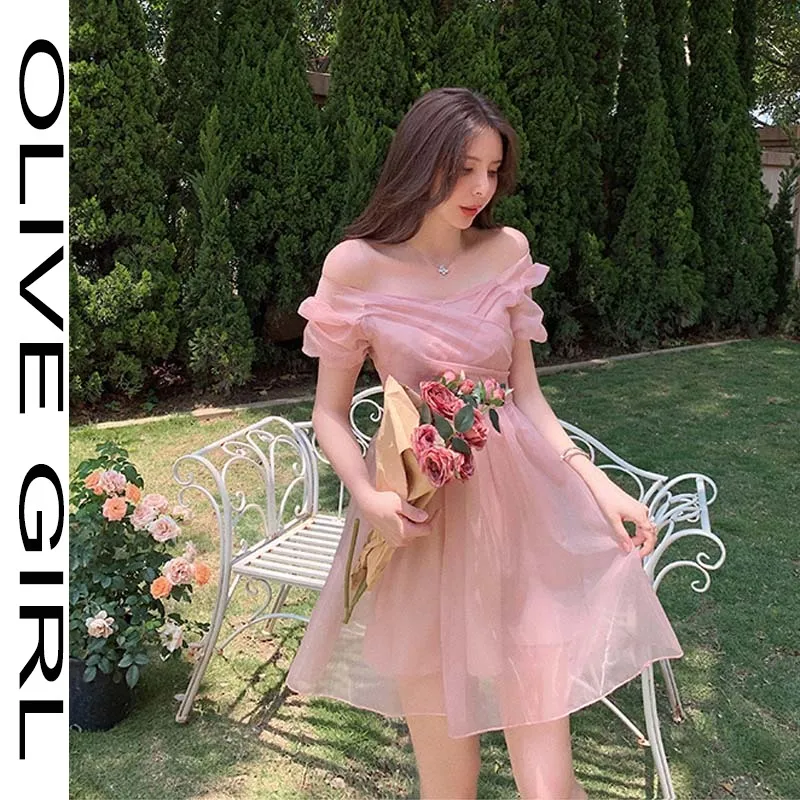 

Fairy Dress Kawaii French Style Elegant Summer Mini Dress 2020 New Arrival Women Sexy Puff Sleeve Pink Lace Chiffon Sweet Dress