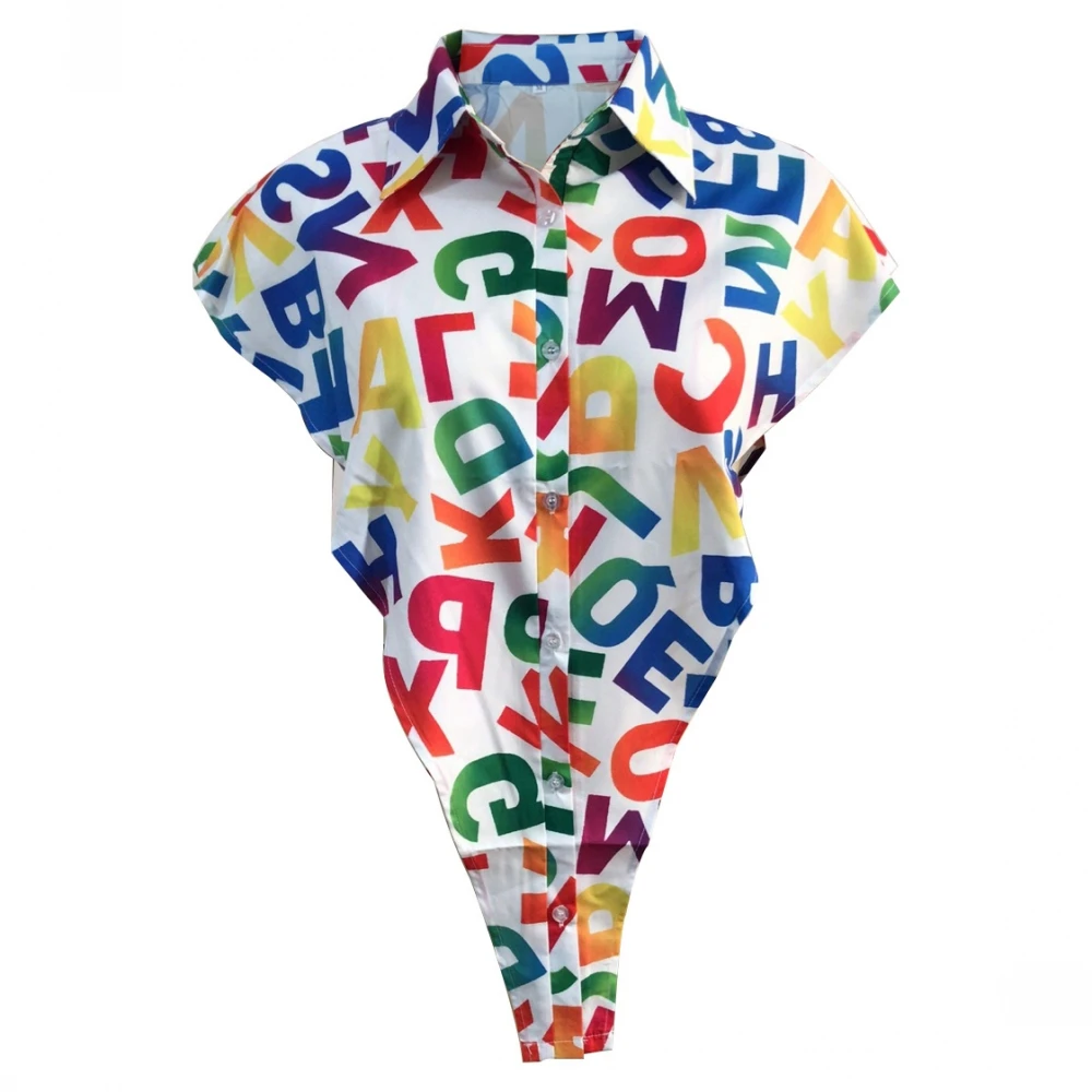 

2021 Novelty Letter Print Tops Sexy Cut Out Side Button Up White Shirt Women Fashion Clothing Sleeveless Oversized Shirts