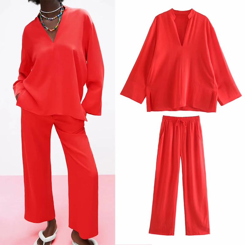 

Женский винтажный комплект из 2 предметов, красная Свободная рубашка и прямые брюки, 2021