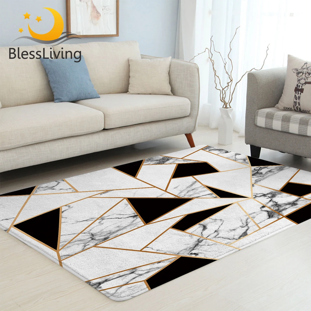 

BlessLiving Marble Large Carpet for Living Room White Black Golden Soft Floor Mat Modern Area Rug Geometric Alfombra Dropship