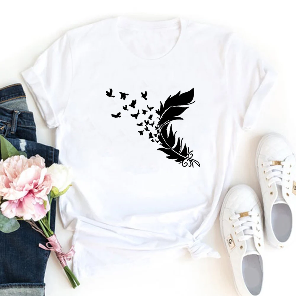

Feather New Summer Fashion T Shirts Women Short Sleeve O-neck Tee Shirt Femme White Cotton Tshirt Women Top Loose Camiseta Mujer