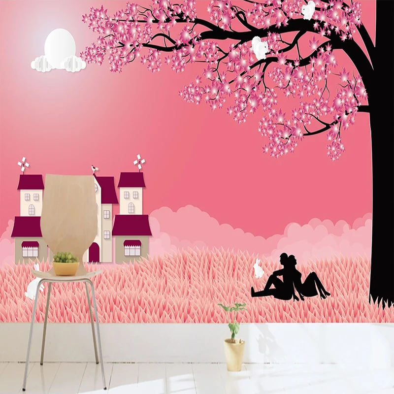 Фотообои на заказ романтичный розовый мультяшный дом Цветочное дерево Детская