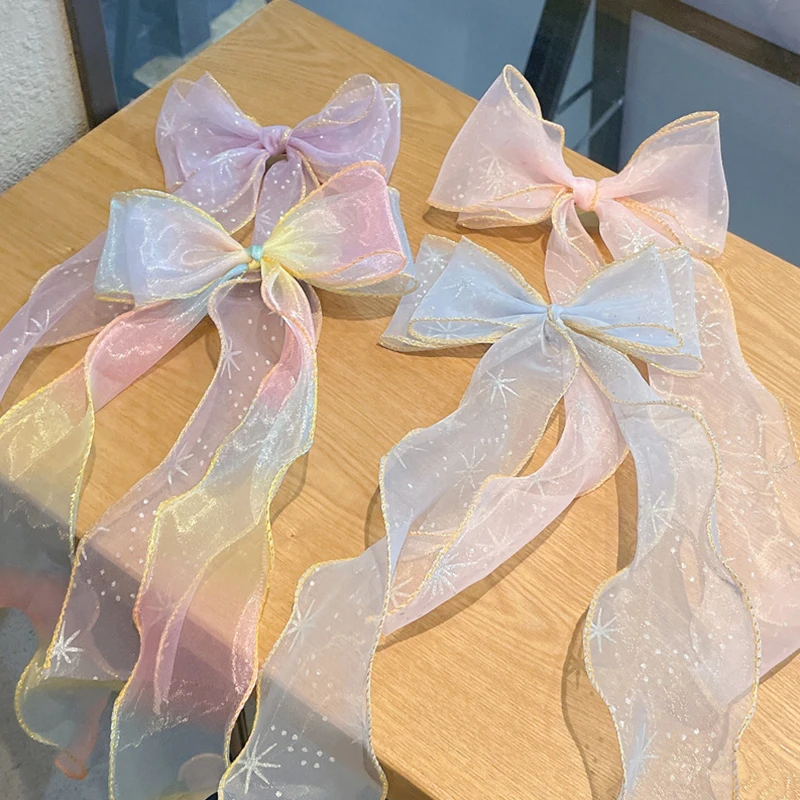 

Girls Mesh Streamer Hair Bows Bowknot Tassel Ponytail Clips Children Gradient Braiding Hairpin Grips Hair Accessories